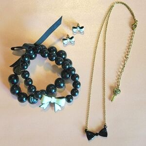 Betsey Johnson Lot Bracelet W/Bows Earrings Gold Tone Necklace Sparkly Bowtie
